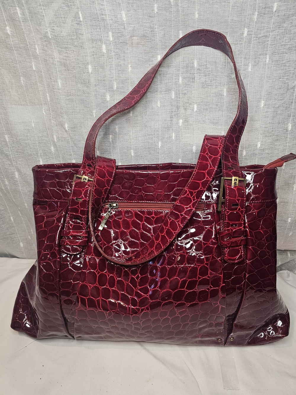Petusco Shoulder Bag.  Patent Croc-Embossed Tote Bag in Deep Wine Red